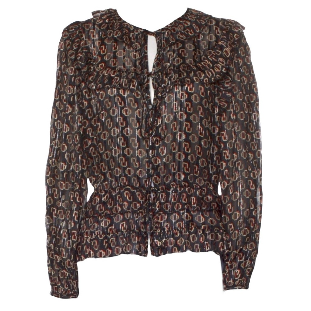 Maje Luzette Metallic Thread Print Silk Blend Peplum Blouse EUC